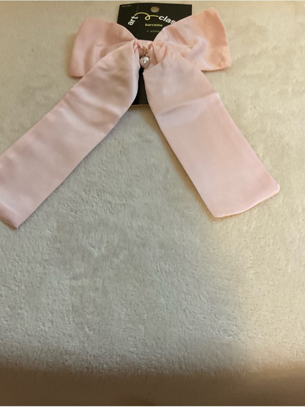 art class Light Pink Satin Bow Barrette with Pearl Heart Charm